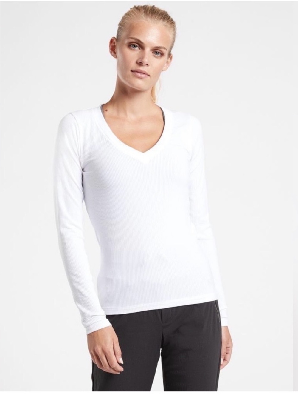 Athleta Renew seamless White Ribbed V‑Neck Long Sleeve Top